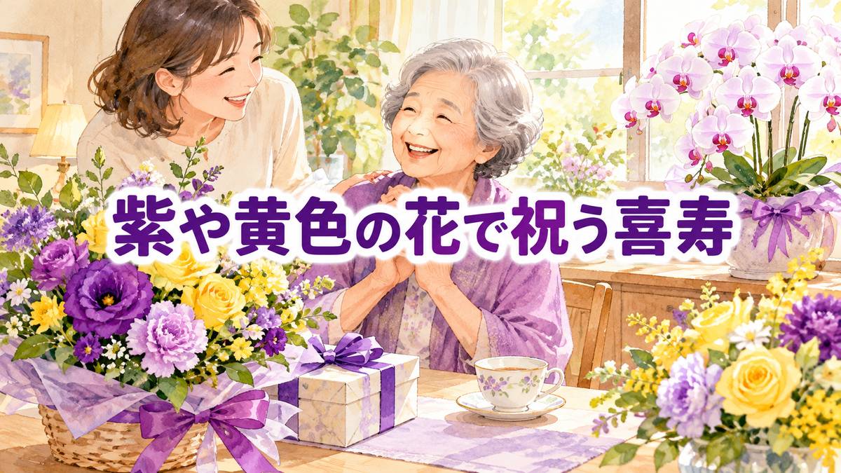 紫や黄色の花で祝う喜寿